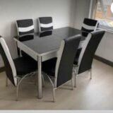 Black & White Table with 06 Chairs Glass Turkish dining table and chairs Modern Dining table Formal Dinette Set Dining Room Extendable