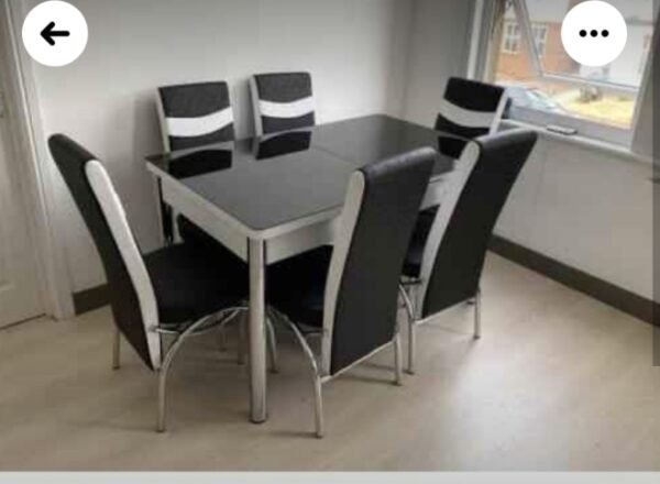 Black & White Table with 06 Chairs Glass Turkish dining table and chairs Modern Dining table Formal Dinette Set Dining Room Extendable