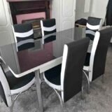 Black & White Table with 06 Chairs Glass Turkish dining table and chairs Modern Dining table Formal Dinette Set Dining Room Extendable