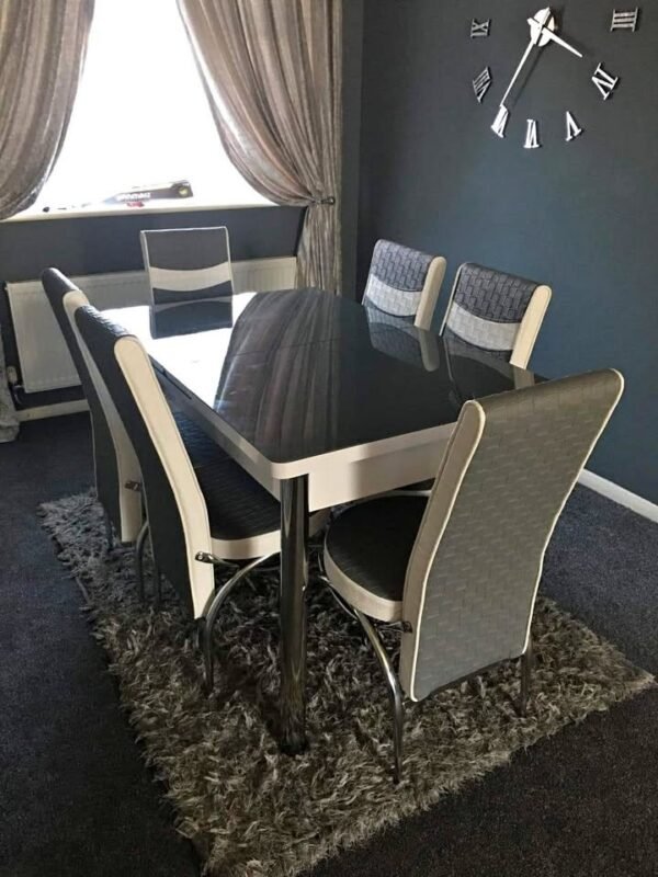Black & White Table with 06 Chairs Glass Turkish dining table and chairs Modern Dining table Formal Dinette Set Dining Room Extendable