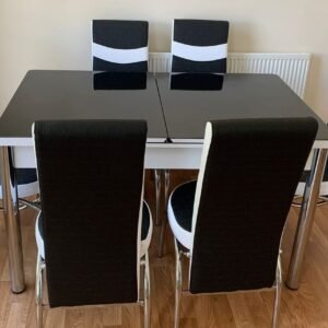 Black & White Table with 06 Chairs Glass Turkish dining table and chairs Modern Dining table Formal Dinette Set Dining Room Extendable