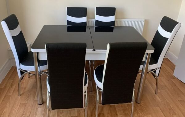 Black & White Table with 06 Chairs Glass Turkish dining table and chairs Modern Dining table Formal Dinette Set Dining Room Extendable