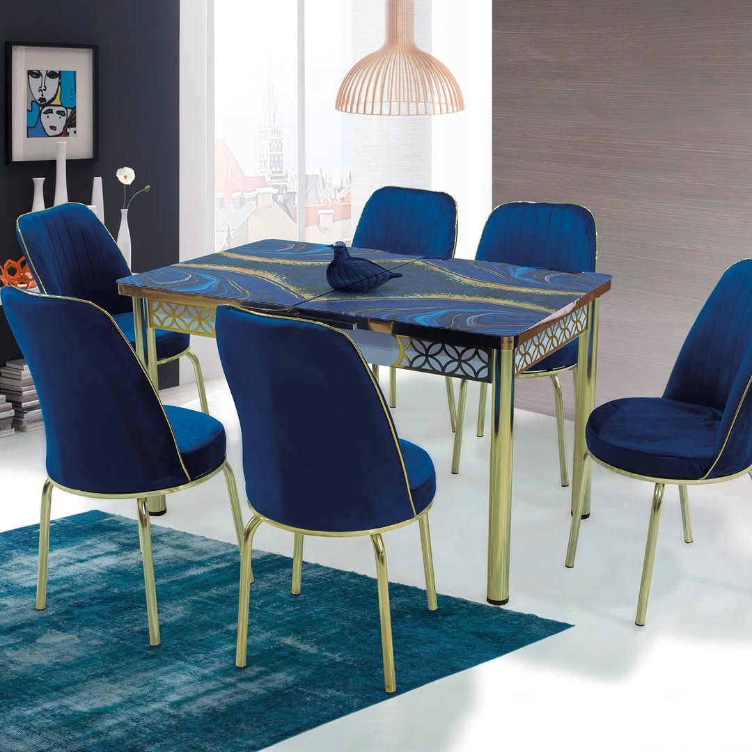 Blue & Gold Marble Effect Dining Table with Chairs – Luxury Modern Dining Set