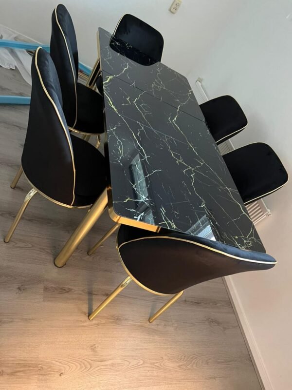 Black & Gold Marble Effect Dining Table with Chairs – Luxury Modern ...