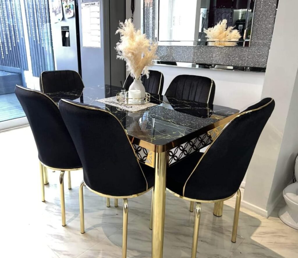 Black & Gold Marble Effect Dining Table with Chairs – Luxury Modern ...