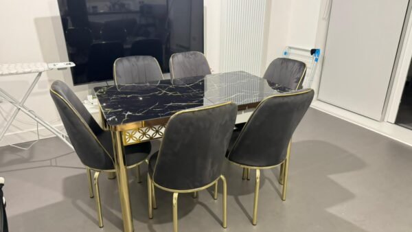 Black & Gold Marble Effect Dining Table with Chairs – Luxury Modern ...